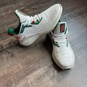 Adidas White and Green Sneakers with Ribbed Knit Design
